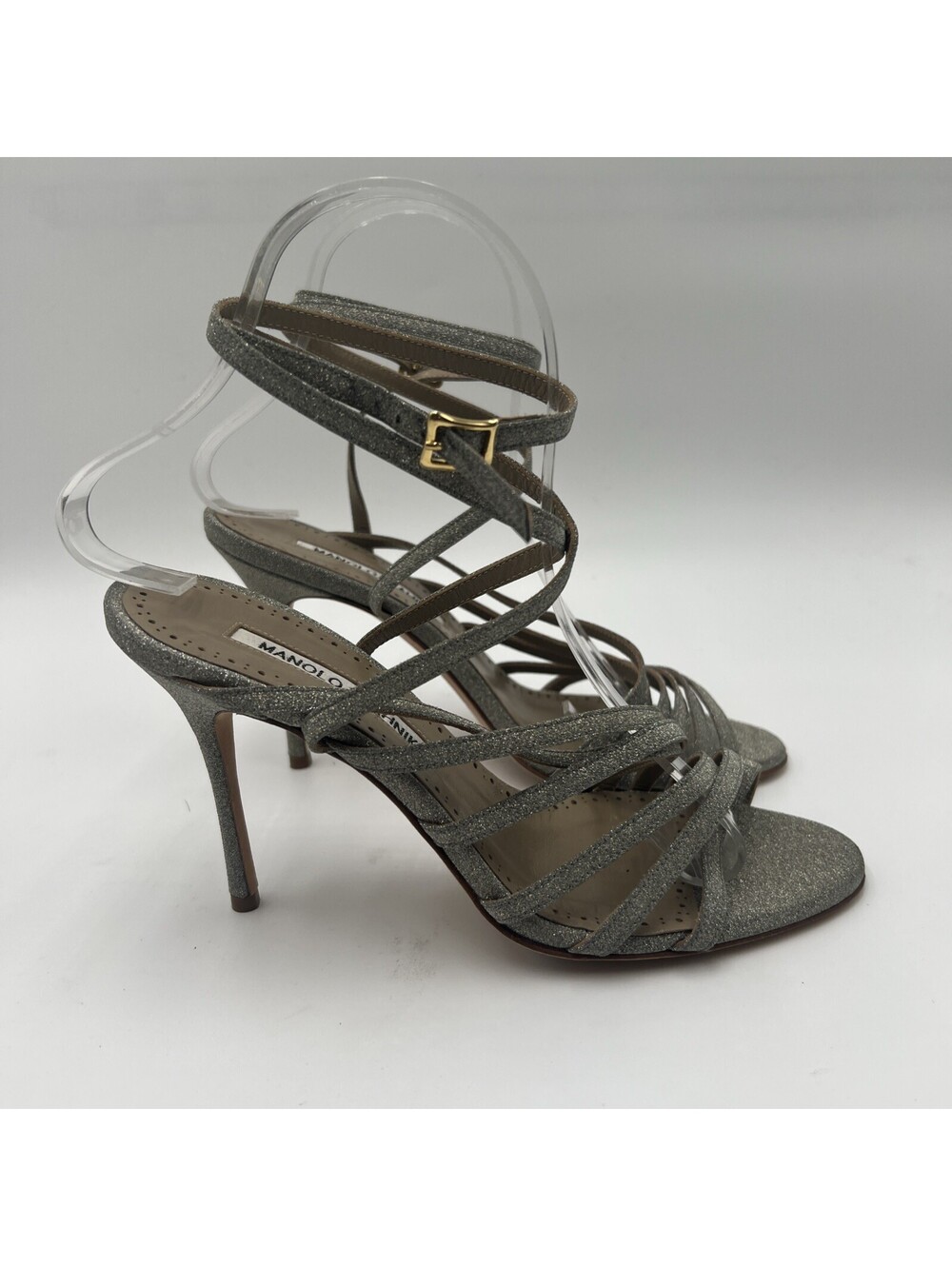 Manolo Blahnik Glitter Strappy Open Toe Ankle Strap High Heels Sandals 36.5